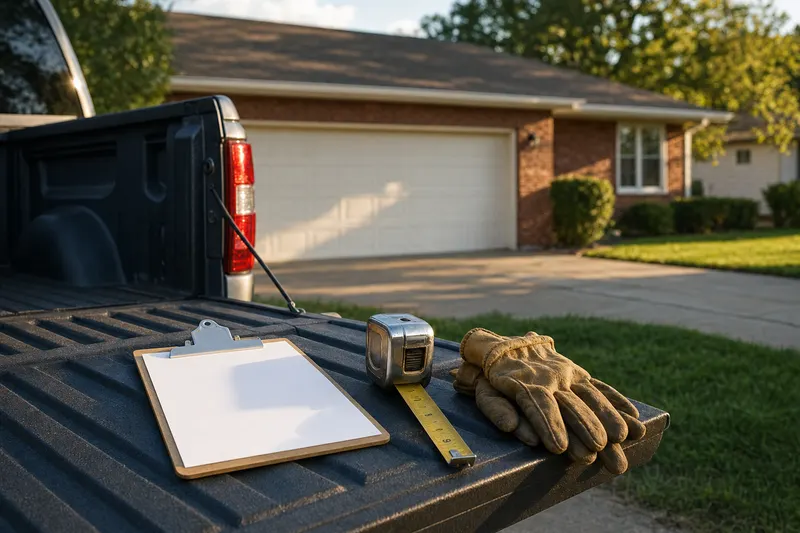 Estimate clipboard and tape measure on a truck tailgate in front of a two-car garage