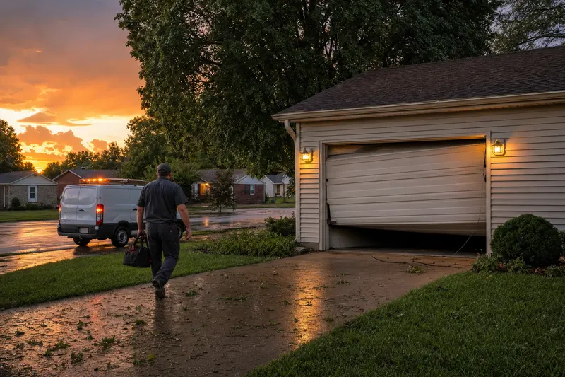 Technician walking up to a crooked, off-track garage door after an evening storm