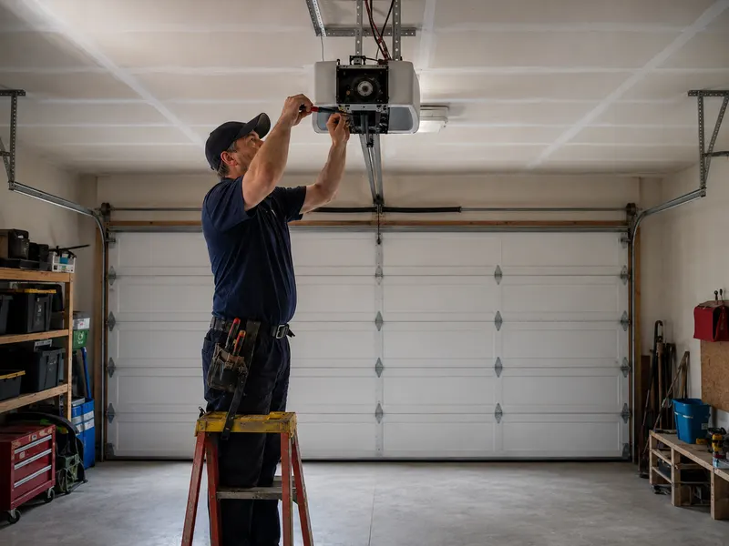 Technician on a ladder servicing a ceiling-mounted garage door opener